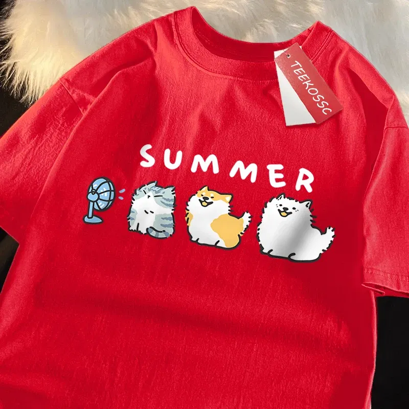 Color: Pink, Size: XXL - Cats And Dogs Blowing Fans Print T Shirts Men Women Cute Crewneck Clothes Loose Summer T-Shirts Fashion Cotton Short Sleeve