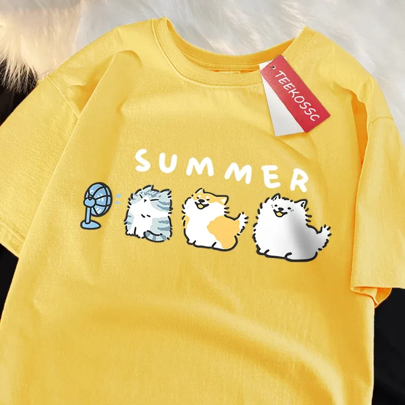 Color: Pink, Size: XXL - Cats And Dogs Blowing Fans Print T Shirts Men Women Cute Crewneck Clothes Loose Summer T-Shirts Fashion Cotton Short Sleeve