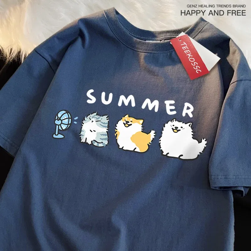 Color: Pink, Size: XXL - Cats And Dogs Blowing Fans Print T Shirts Men Women Cute Crewneck Clothes Loose Summer T-Shirts Fashion Cotton Short Sleeve
