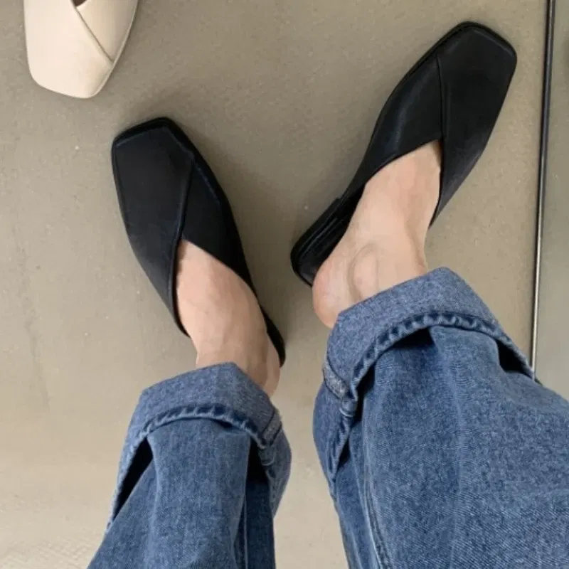 Color: black, Shoe Size: 40 - Fashion Slip on Mules Big Size 43 Flat Slippers 2024 Summer Women Flat Casual Outdoor Square Toe Shoes Ladies Slippers