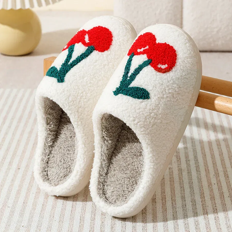 Color: Pink, Shoe Size: 3 - Cute Avocado Women Slippers Winter Warm Indoor Fruit Cartoon Funny Soft Non-slip Slipper Cherry Strawberry Comfy Cotton Shoes