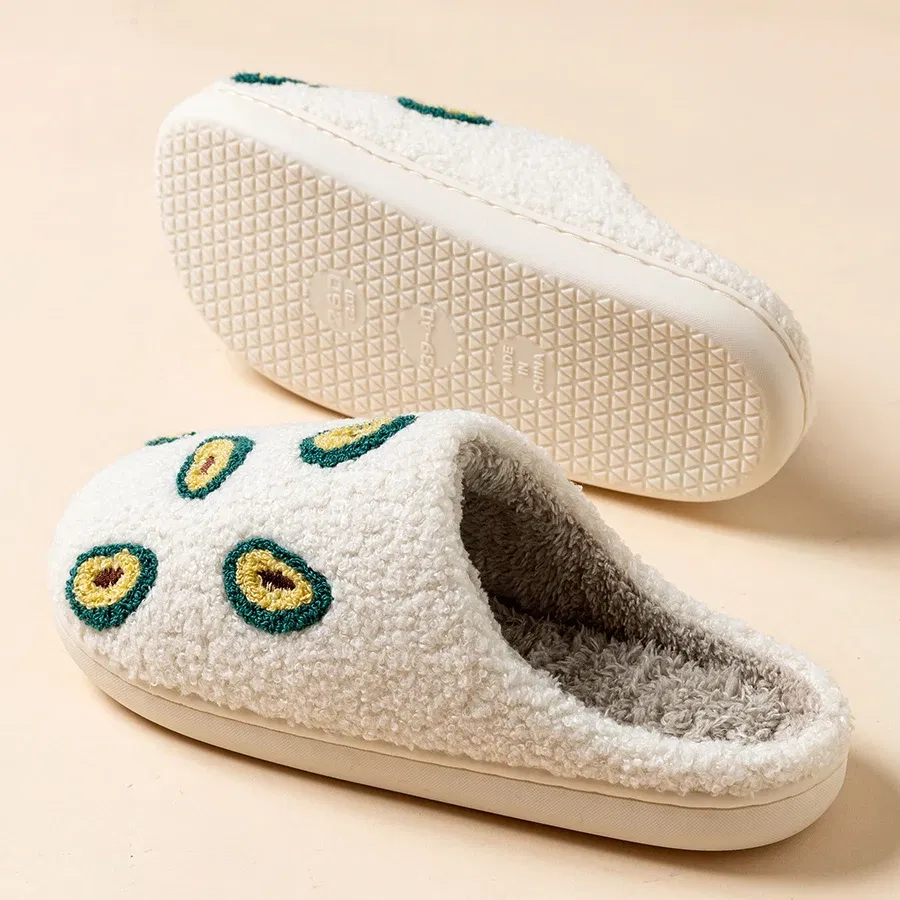 Color: Pink, Shoe Size: 3 - Cute Avocado Women Slippers Winter Warm Indoor Fruit Cartoon Funny Soft Non-slip Slipper Cherry Strawberry Comfy Cotton Shoes