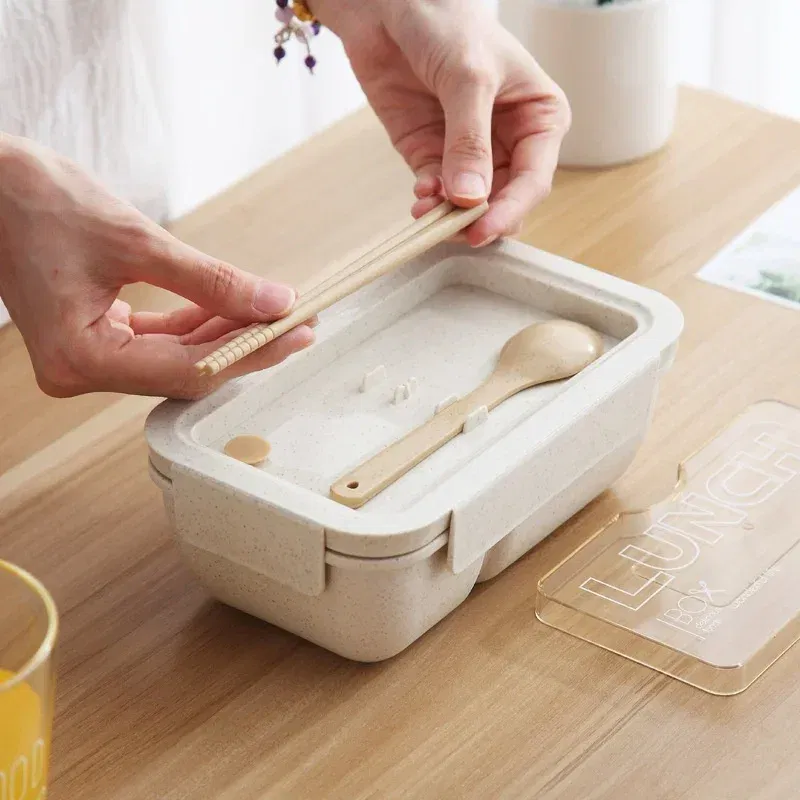 Color: green - 850/1100ML wheat straw lunch box bento box Microwave oven Students with lid canteen simple lunch box rectangular portable