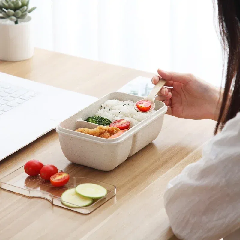 Color: green - 850/1100ML wheat straw lunch box bento box Microwave oven Students with lid canteen simple lunch box rectangular portable
