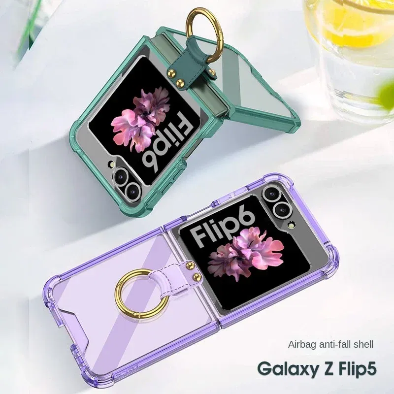 Color: Brown, Material: aluminum - Electroplated Transparent Airbag Ring Phone Case for Samsung Galaxy Z Flip 6 5 Flip6 Flip5 5G Stand Shockproof Cover