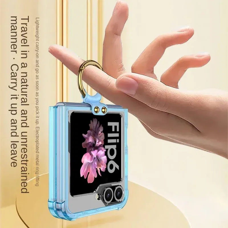 Color: Brown, Material: aluminum - Electroplated Transparent Airbag Ring Phone Case for Samsung Galaxy Z Flip 6 5 Flip6 Flip5 5G Stand Shockproof Cover