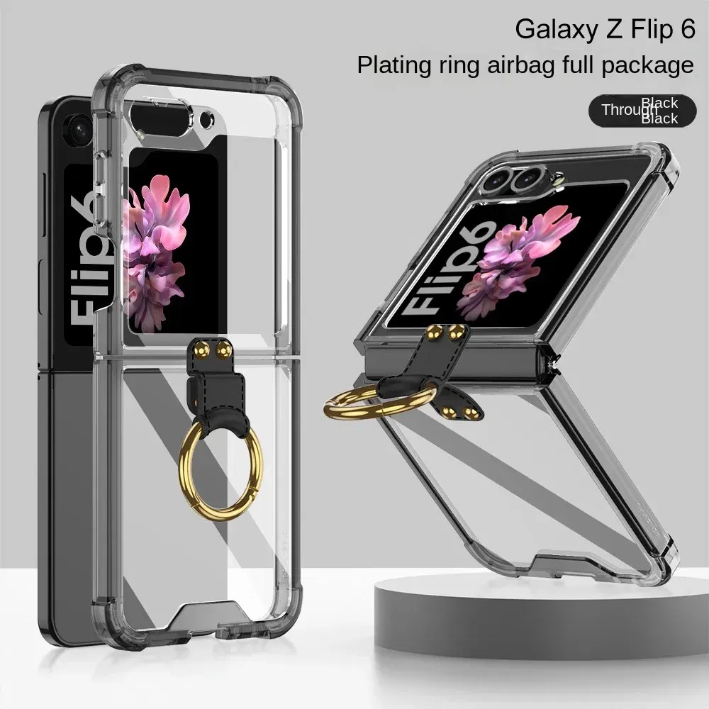 Color: Brown, Material: aluminum - Electroplated Transparent Airbag Ring Phone Case for Samsung Galaxy Z Flip 6 5 Flip6 Flip5 5G Stand Shockproof Cover