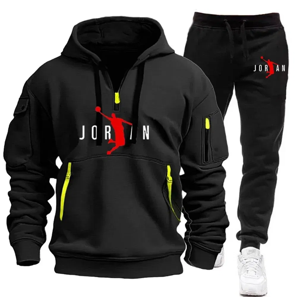 Color: Blue, Size: L - 2025 new men's zipper multi-pocket hoodie loose casual sweater suit spring and autumn European size new fashion print