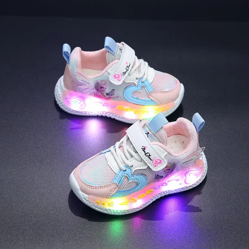 Color: Pink, Shoe Size: 23 - Disney Children Led Shoes Kids Girls Sneakers Frozen Elsa Princess Lighting Shoes Pink Purple Casual Sports Shoes Size 21-31