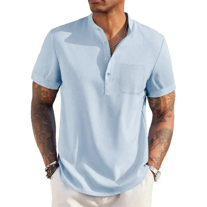 Color: Khaki, Size: M - Summer Men's Cotton Linen T-Shirt Henley Neck Pocket Casual Lightweight Breathable Beach Shirt Solid Color Basic Style Tops