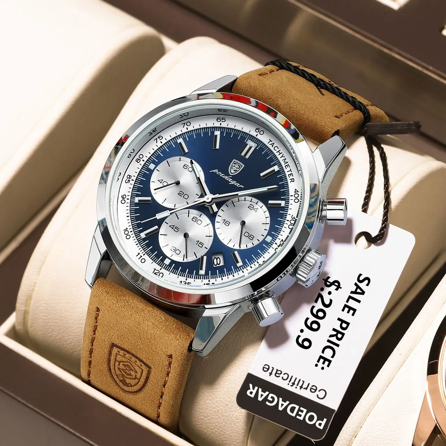Color: Coffee - POEDAGAR Man Wristwatch Luxury Sport Genuine Leather Men Quartz Watch For Men Chronograph Waterproof Luminous Date Men's Watches