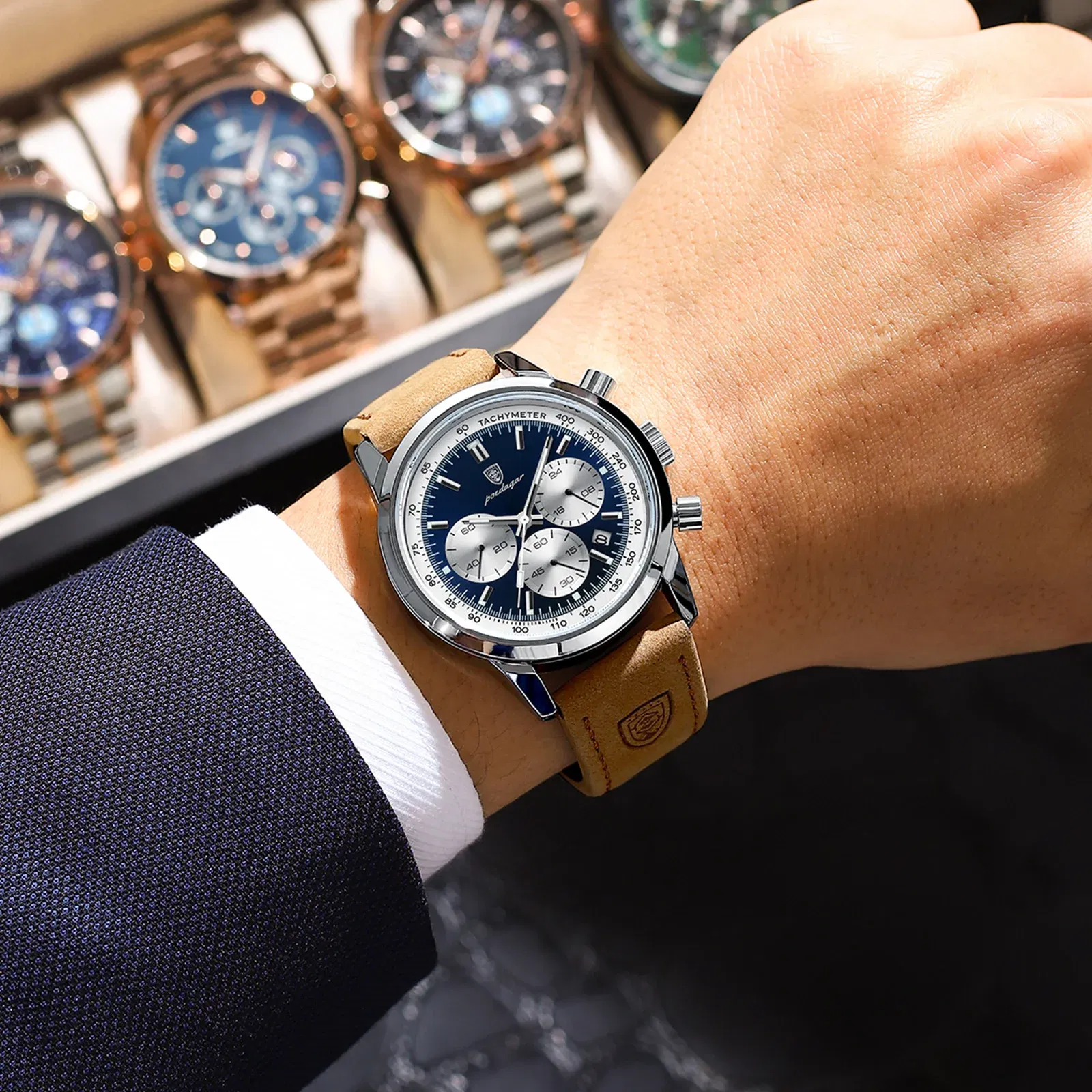 Color: Coffee - POEDAGAR Man Wristwatch Luxury Sport Genuine Leather Men Quartz Watch For Men Chronograph Waterproof Luminous Date Men's Watches