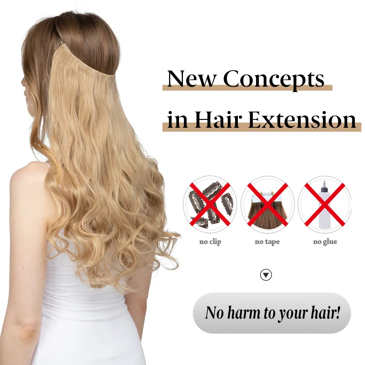 Color: T1/35, Stretched Length: 16inches - Synthetic No Clip Wave Hair Extensions Ombre Natural Black Blonde Pink One Piece False Hairpiece Fish Line Fake Hair Piece