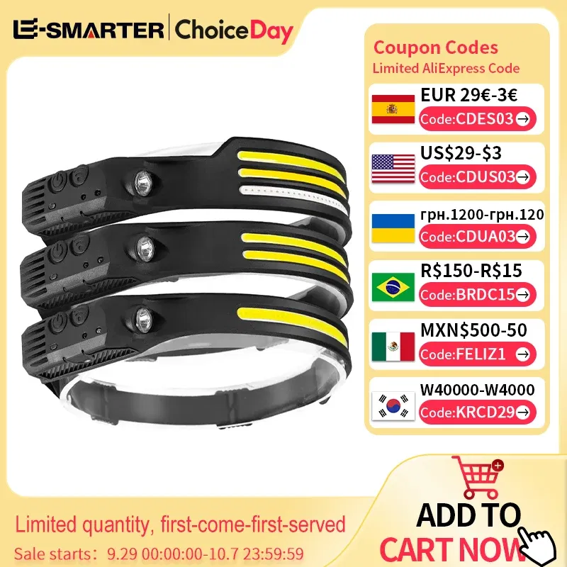 Emitting Color: RGB - Induction Headlamp COB LED Sensor Head Lamp Built-in Battery Flashlight USB Rechargeable Head Torch 5 Lighting Modes Headlight