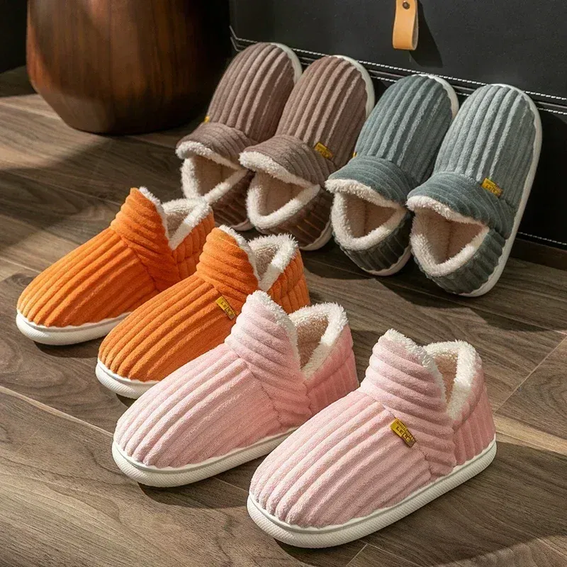 Color: Blue, Shoe Size: 44-45 - Winter Couple Style Concise Solid Color Wrap Heels Plush Slippers Non-slip Warm Flip Flops Women Men Home Casual Cotton Shoes