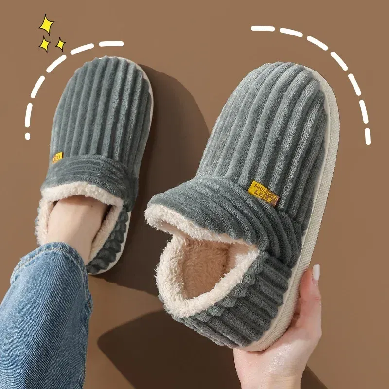 Color: Blue, Shoe Size: 44-45 - Winter Couple Style Concise Solid Color Wrap Heels Plush Slippers Non-slip Warm Flip Flops Women Men Home Casual Cotton Shoes