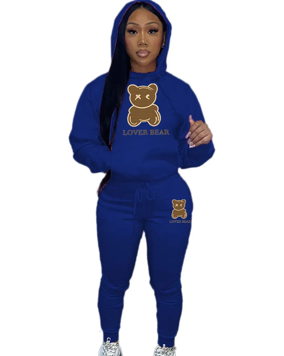 Color: Blue, Size: L - 2 Piece Set Women Outfit Letter Bear Print Hooded Neck Hoodies Sweatshirt Pants Tracksuit 2024 Plus Size Streetwear Casual Suit