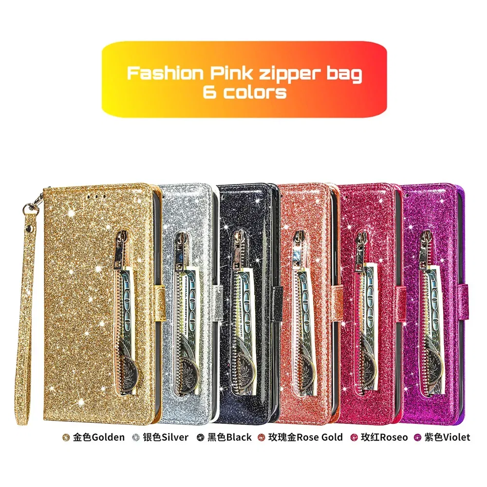 Color: Beige, Material: EVA - Zipper Flip Wallet Glitter Leather Case for iPhone 16 15 14 13 12 11 Pro Max XS XR 8 7 Plus SE 2022 Mini Bling Stand Phone Cover