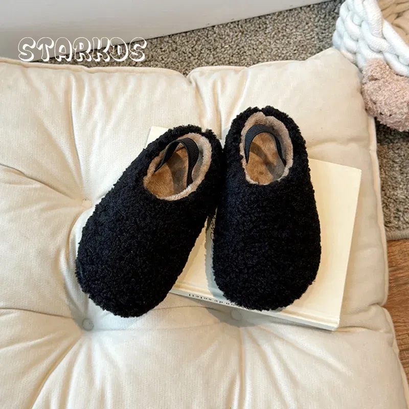 Color: WHITE, Shoe Size: 21.5 - Teddy Fur Mule For Baby Kids Winter Warm Plush Slipper Toddler Child Casual Pull-on Fluffy Cotton Shoe with Back Elastic Strap