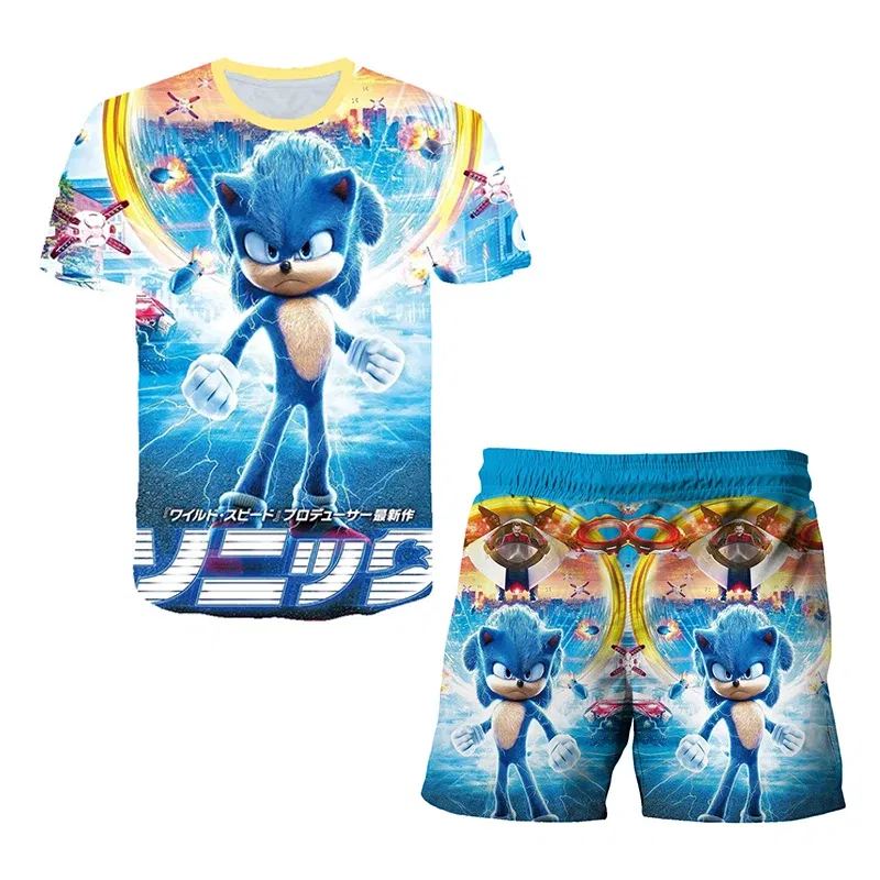 Color: black, Size: 12" - New Japanese cartoon Sonic T-shirt children's top T-shirt shorts two-piece set summer boy cartoon cute T-shirt+beach pants
