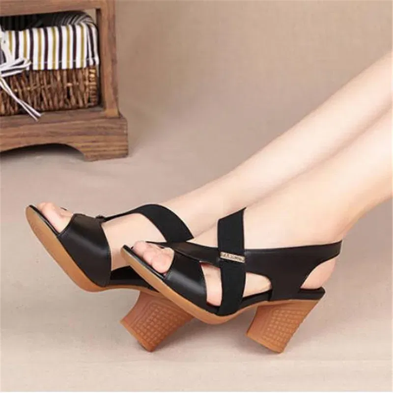 Color: Khaki, Shoe Size: 37 - New Mid-heel Sandals Women Summer Shoes Comfortable High Heels Thick Heel Peep Toe Non-slip Soft Bottom Mother Shoes Slip-On