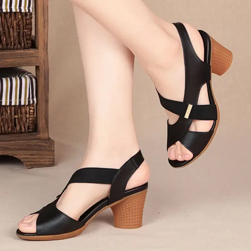 Color: Khaki, Shoe Size: 37 - New Mid-heel Sandals Women Summer Shoes Comfortable High Heels Thick Heel Peep Toe Non-slip Soft Bottom Mother Shoes Slip-On