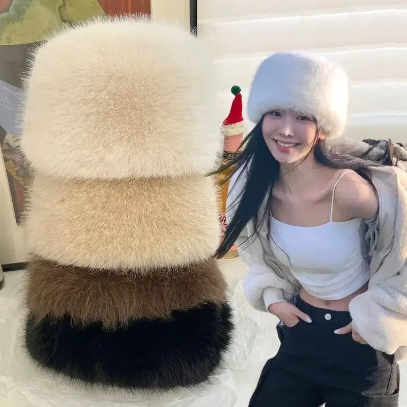 Color: black - New Fluffy Fur Women's Winter Hat Winter Snow Ski Cap Female Faux Fur Thick Warm Windproof Hat Russian Hat Mink Fisherman's Hat