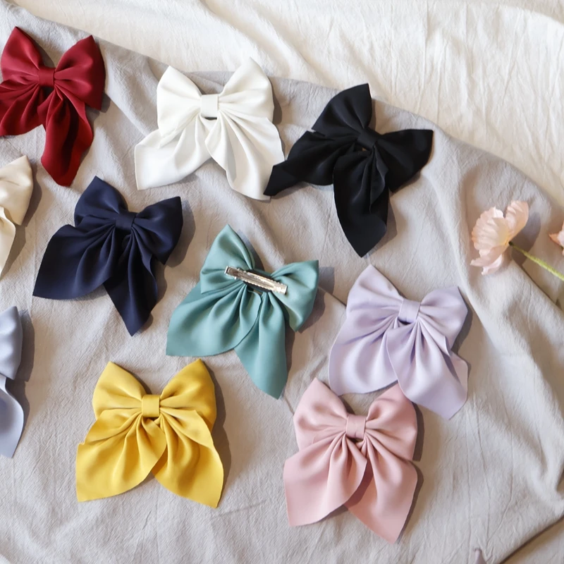 Color: WHITE - Elegant Bow Ribbon Hair Clip Fashion Simple Solid Satin Spring Clip Hair Pin Retro Headband with Clips Girls Hair Accessories