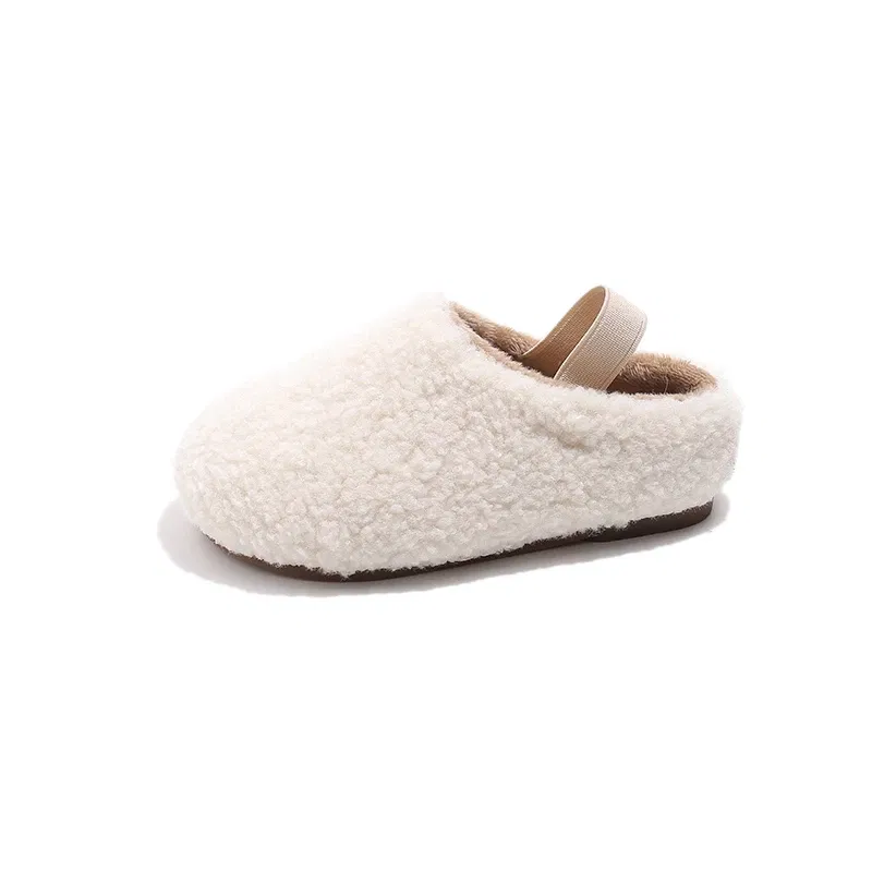 Color: WHITE, Shoe Size: 28.5 - Teddy Fur Mule For Baby Kids Winter Warm Plush Slipper Toddler Child Casual Pull-on Fluffy Cotton Shoe with Back Elastic Strap