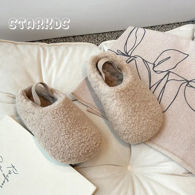 Color: WHITE, Shoe Size: 28.5 - Teddy Fur Mule For Baby Kids Winter Warm Plush Slipper Toddler Child Casual Pull-on Fluffy Cotton Shoe with Back Elastic Strap