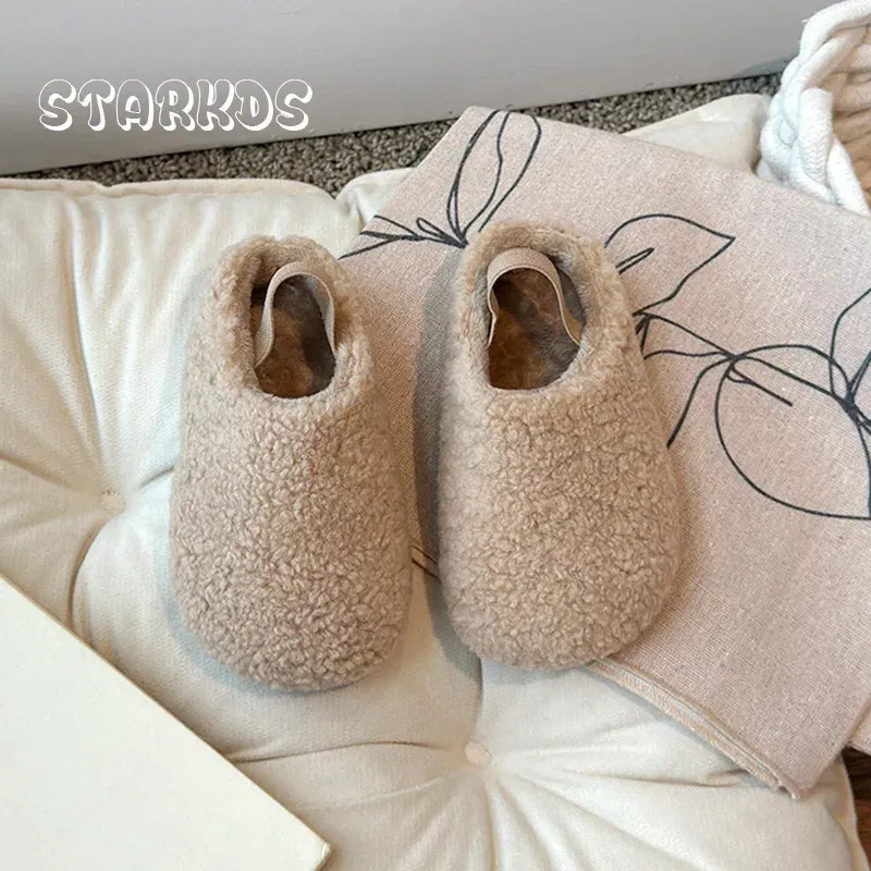 Color: WHITE, Shoe Size: 28.5 - Teddy Fur Mule For Baby Kids Winter Warm Plush Slipper Toddler Child Casual Pull-on Fluffy Cotton Shoe with Back Elastic Strap