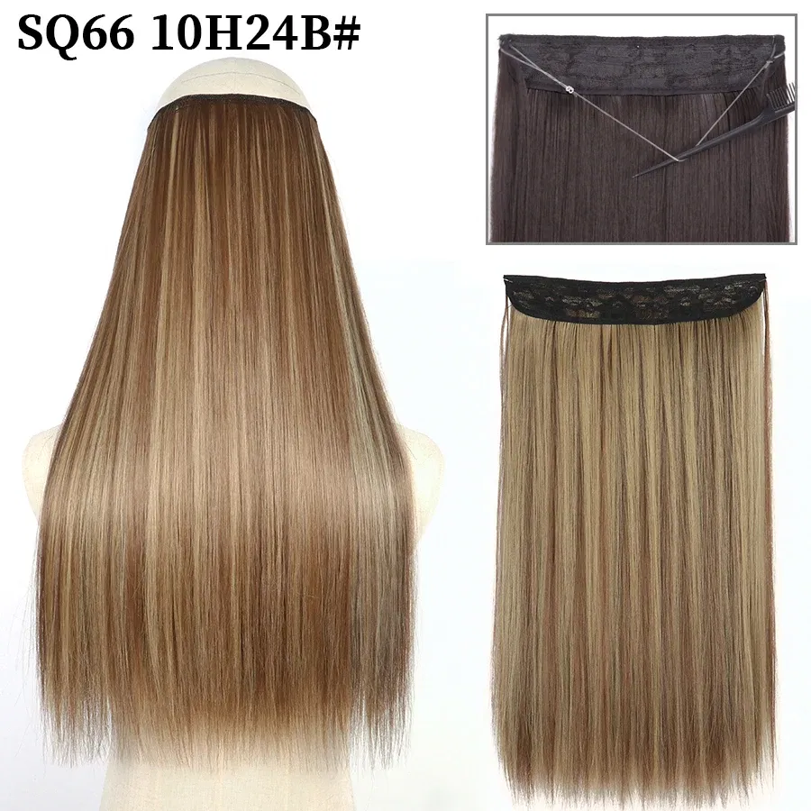 Color: #3, Stretched Length: 22inches, Ships From: CHINA - Synthetic Natural Wavy No Clip Fish Line Invisible Hair Extensions Mixed Color Blonde Black Artificial False Hair Piece ForWomen