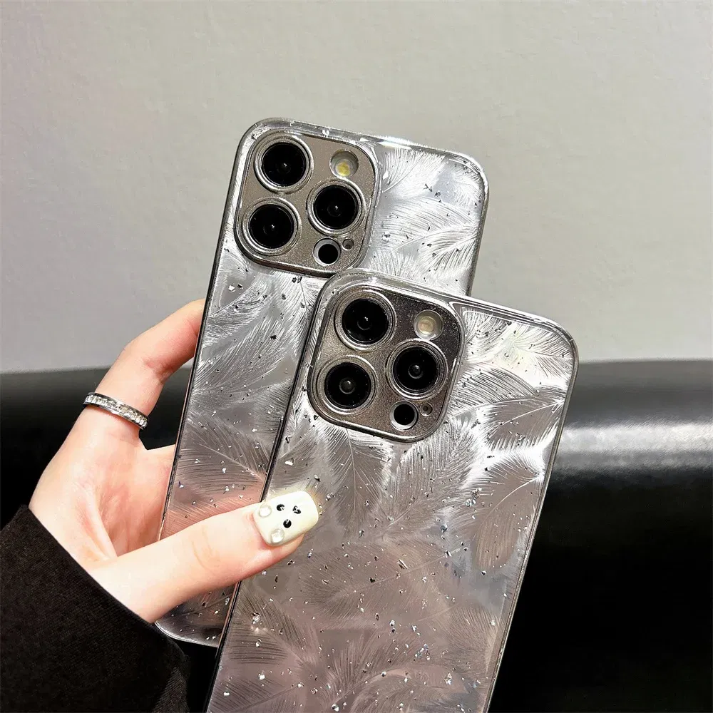 Color: Beige, Material: plastic - Luxury Plating Feather Phone Cover For iPhone 12 Pro 14 13 11 15 Pro Max Hard Anti-drop Lens Protection Case For iPhone 15 Plus