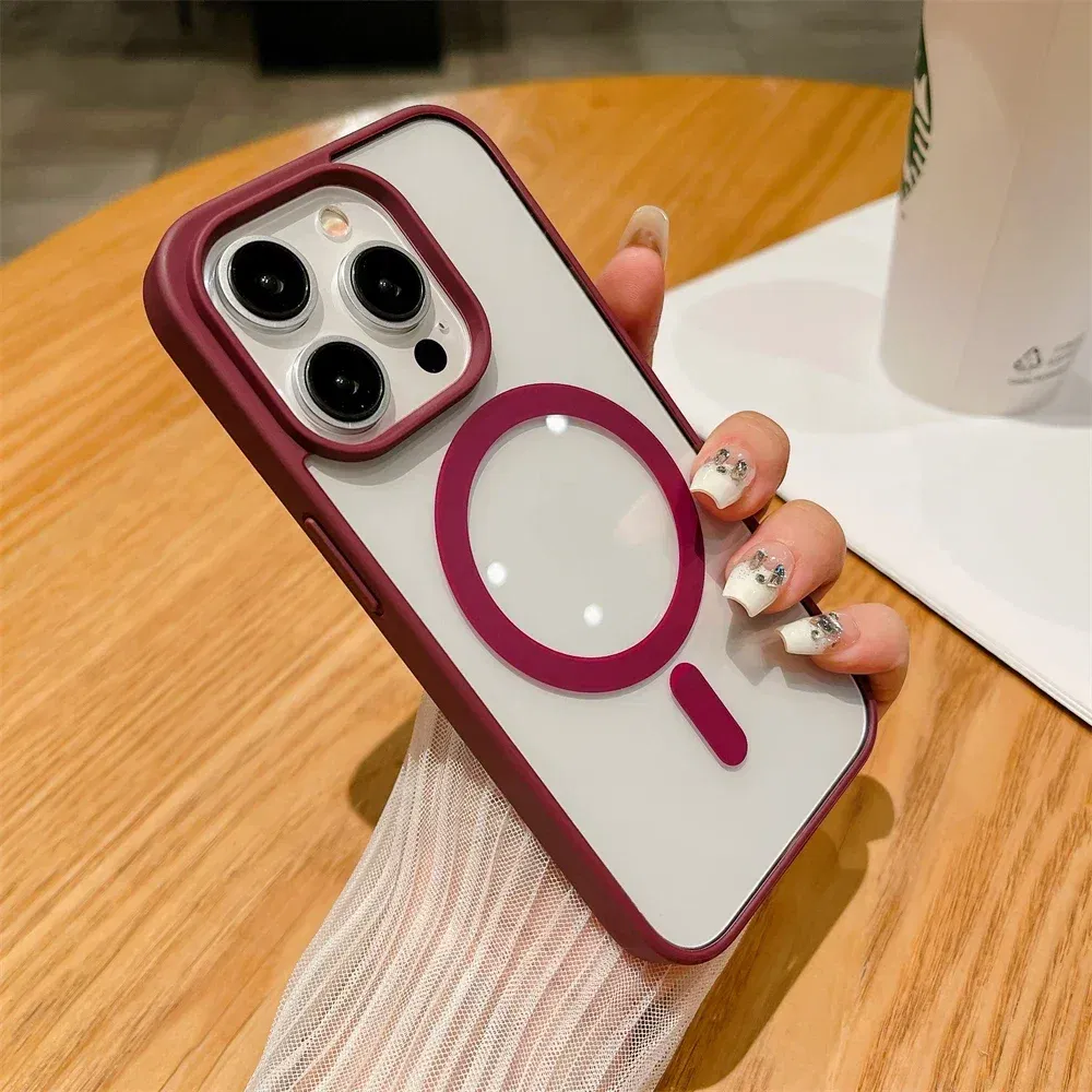 Color: Claret, Material: Nylon - Luxury Shockproof Magsafe Wireless Charge Case for iPhone 17 Air 16 15 14 Plus 13 12 Mini 11 Pro Max Clear Magnetic Bumper Cover