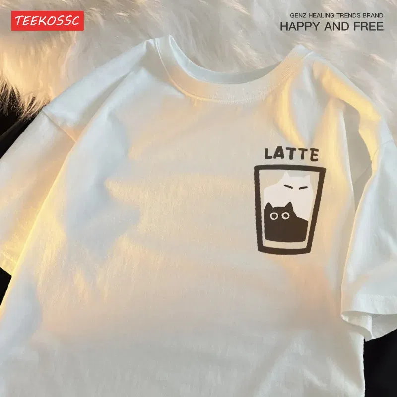 Color: SKY BLUE, Size: XL - Mocha Latte Couple Outfit Cat Coffee Couple Male T-Shirts Graphic Cool Tee Shirt High-Quality Oversized Tshirt Comfort Soft