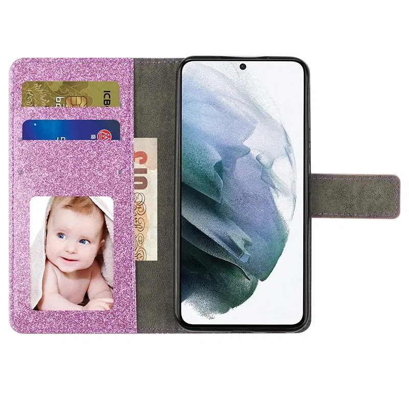 Color: Silver, Material: leather - Wallet Glitter Case For Samsung Galaxy S24 FE S23 Ultra S22 Plus S21 S20 A13 A14 A15 A16 A53 A54 A55 A34 Flip Luxury Leather