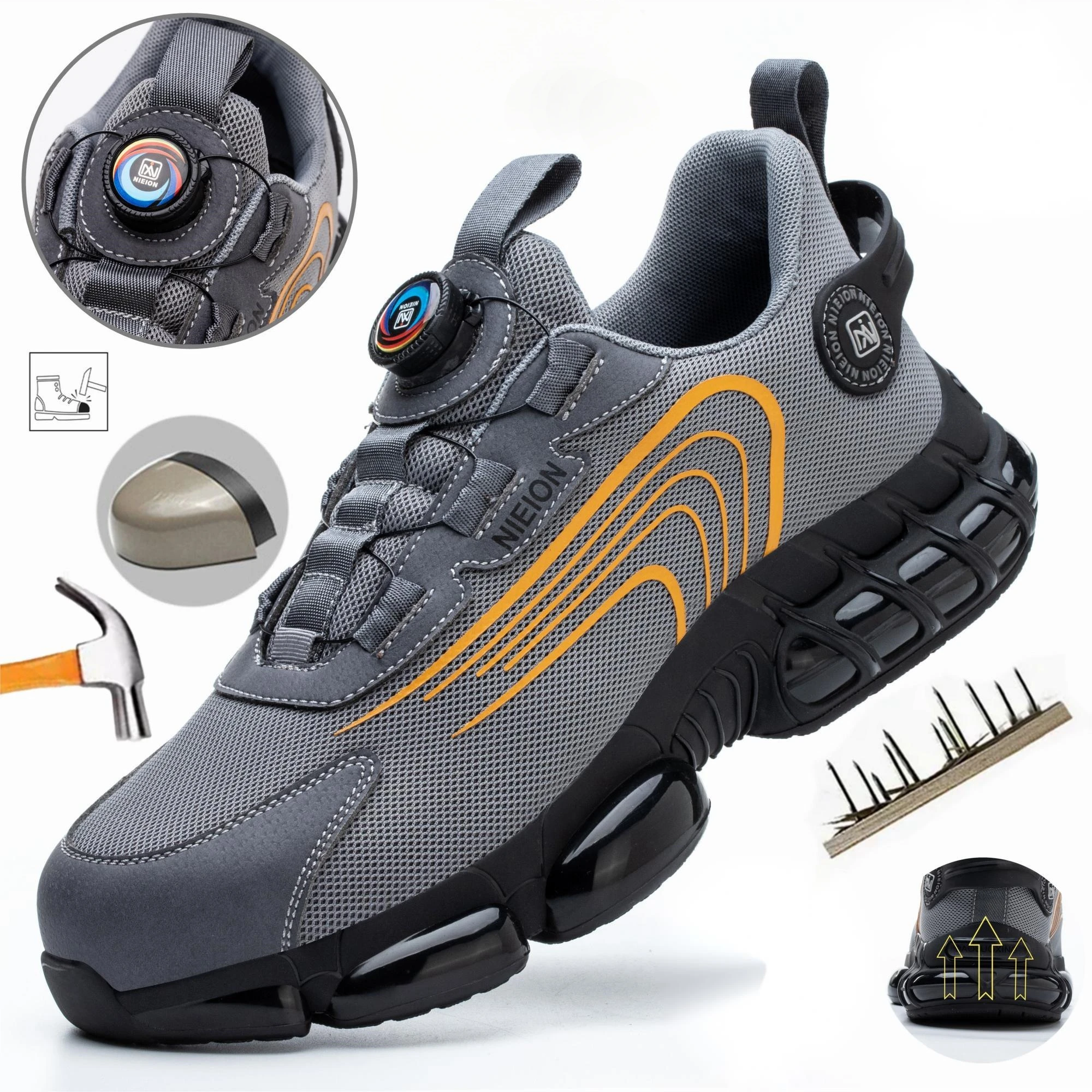 Size: 38, Color: Blue - Rotary Buckle Work Sneakers Protective Shoes Safety Industrial Puncture-Proof Anti-smash Steel Toe Shoes