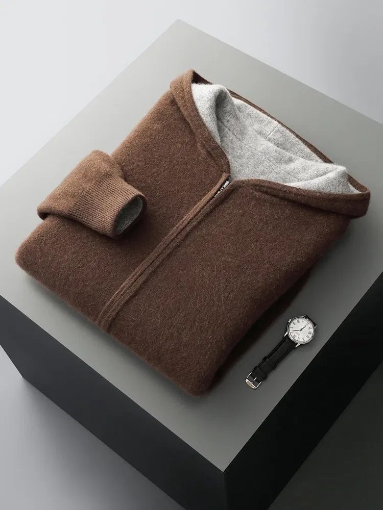 Color: Champagne, Size: XXL - Reversible Men's Wool Cardigan Sweater Autumn Winter Hooded Solid 100% Merino Wool Knitted Casual Simple Man Jackets Thick Warm