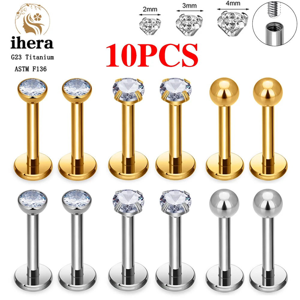 Metal color: Imitation Rhodium Plated, Ships From: CHINA, Main Stone Color: Gold - 10PCS G23 Titanium Labret Piercing Lip Ring 16G F136 Internal Thread Nose Stud Earring Tragus Helix Cartilage Piercing Jewelry
