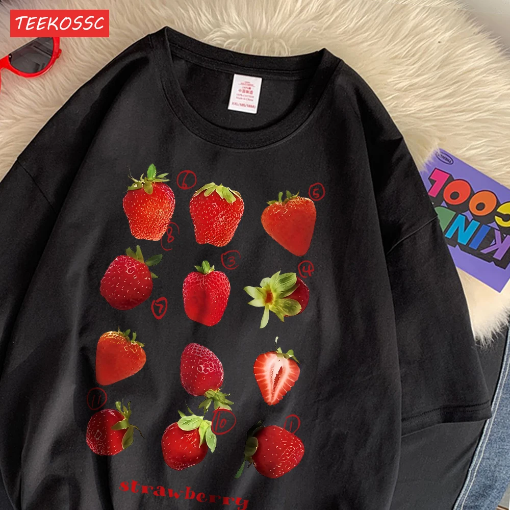 Color: black, Size: XXL - 100% Cotton Women T-shirt Cute Fresh Strawberries Printed Tee Shirt Summer Comfortable Loose Tops Street Fashion Female Clothes