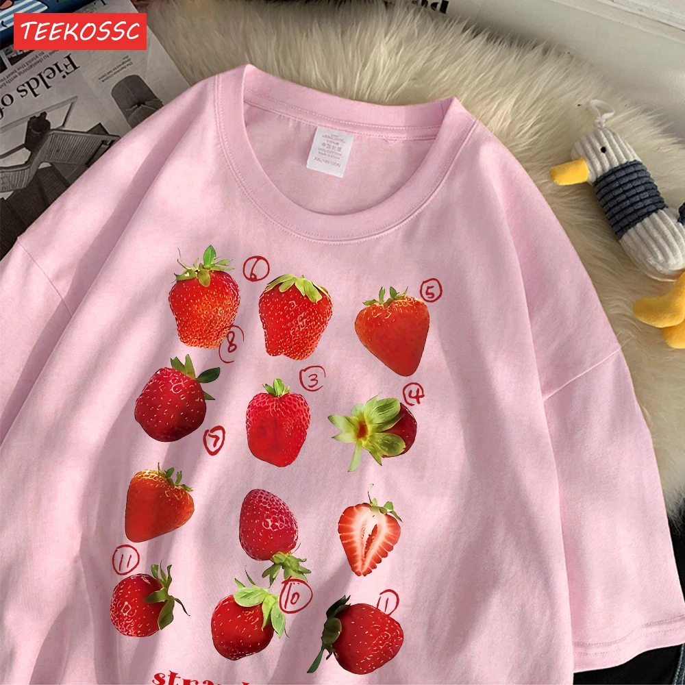 Color: black, Size: XXL - 100% Cotton Women T-shirt Cute Fresh Strawberries Printed Tee Shirt Summer Comfortable Loose Tops Street Fashion Female Clothes