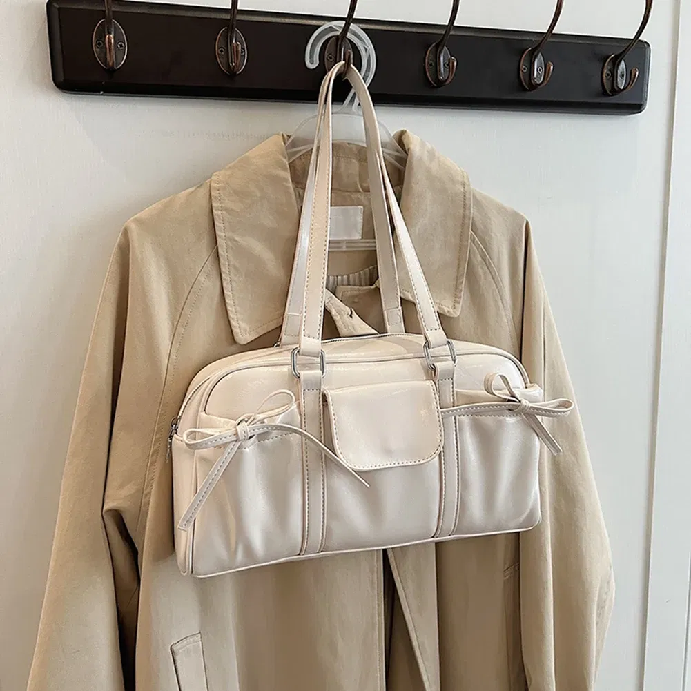 Color: WHITE, Ships From: CHINA - Stylish Women Bow Shoulder Bag in PU Leather with Multi Pockets Ideal for Casual Outings Travel and Shopping