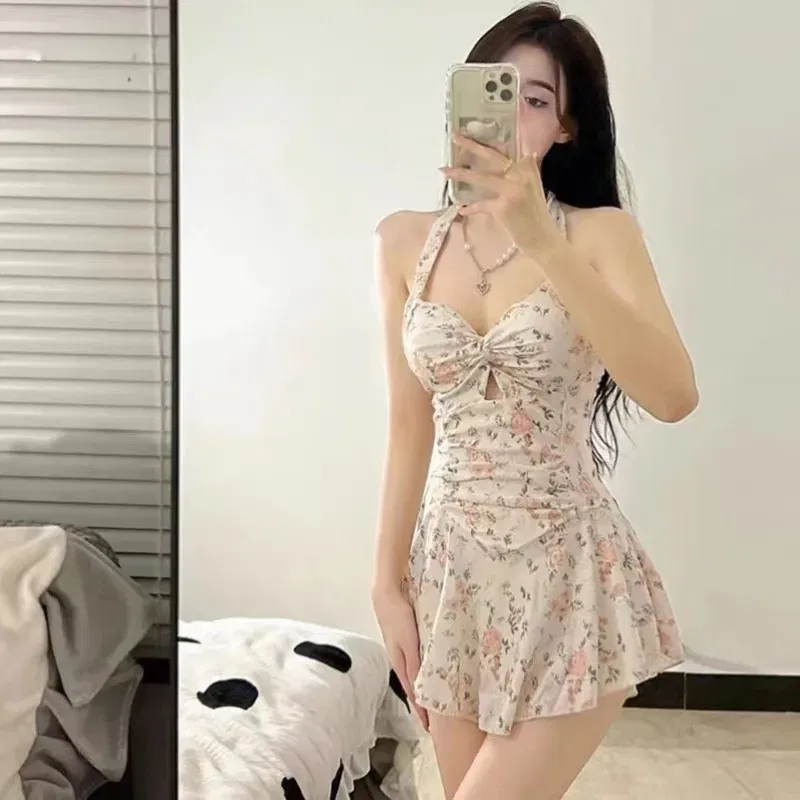 Color: Silver, Size: S - Women Korean Sexy One Piece Swimsuit Tummy Control Slimming High Waisted Bathing Suit Hot Spring Beachwear Elegant Swimsuit