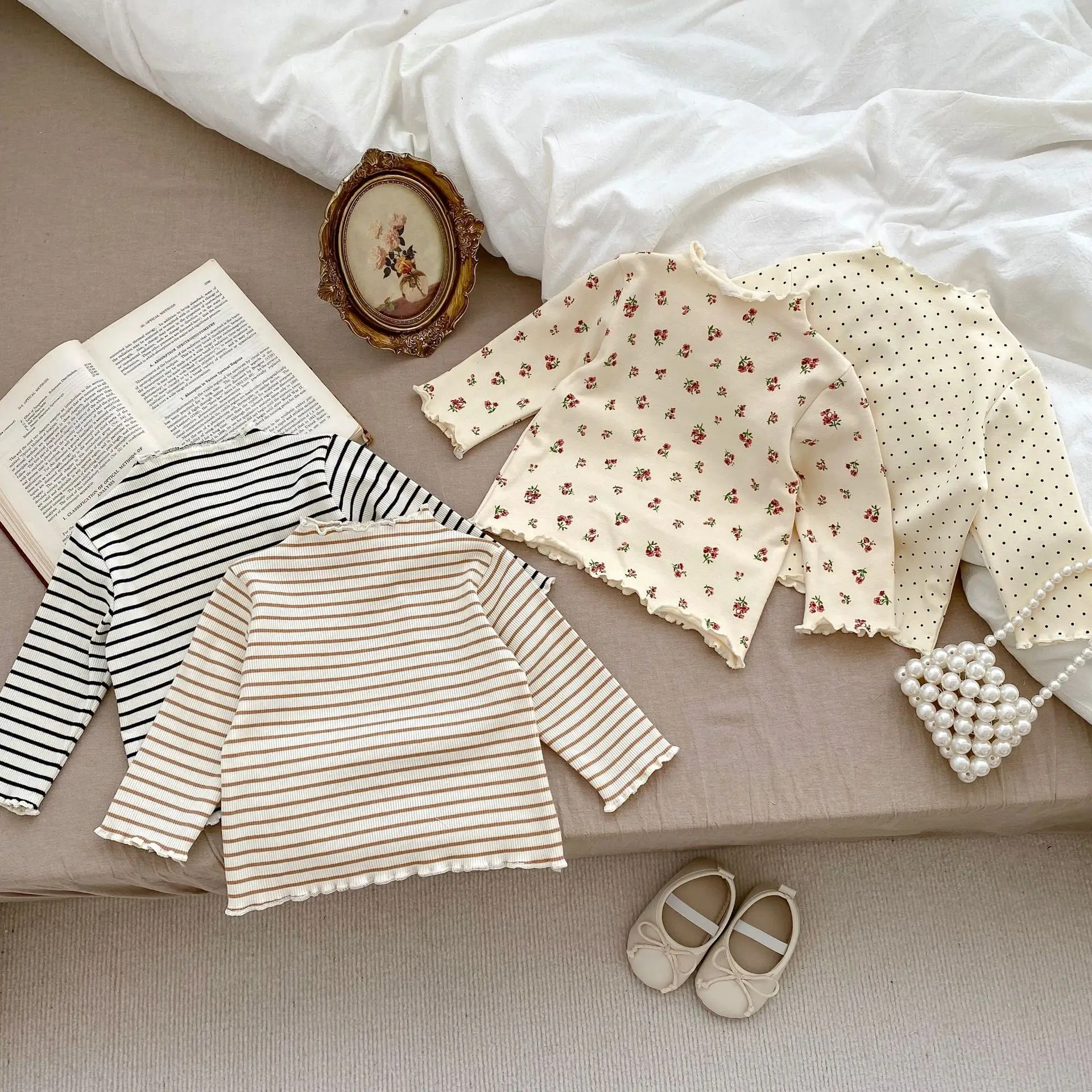 Color: SKY BLUE, Kid Size: 9M - New Baby Long Sleeve T Shirt Girls Cotton Casual Tees Infant Ruffled Versatile Shirts Kids Floral Striped Bottoming Tops