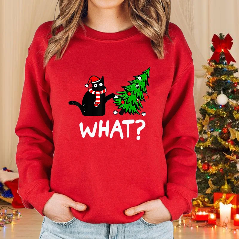 Color: SKY BLUE, Size: XXXL - New fashion women's Christmas cat sweater long-sleeved round neck pullover sweater fall and winter Christmas women's tops