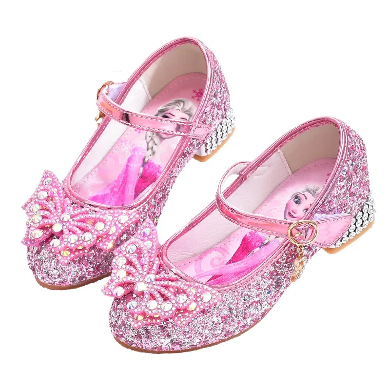 Color: PURPLE, Shoe Size: 34 - Disney Princess Elsa Leather Shoes Girls' High Heels Shoes Fashion Girls' Crystal Shiny Children's Blue Pink Shoes Size 26-35
