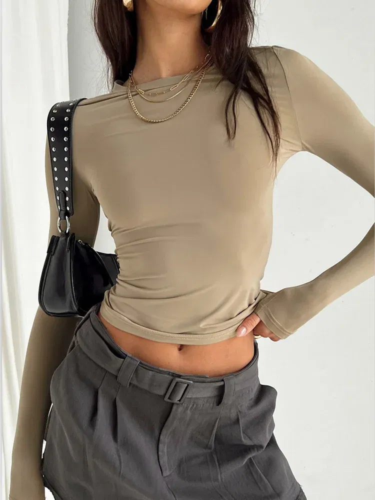 Color: Brown, Size: M - Women Casual Long Sleeve T-Shirts Spring Autumn Solid Slim Fit Pullovers Tees Shirts Female Streetwear Base Tees Tops