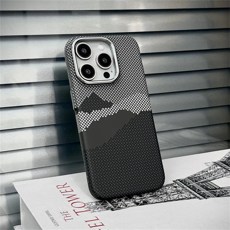 Color: Beige, Material: Nylon - Luxury Alloy Lens 3D Relief Peak Carbon Fibre Pattern Case For iPhone 13 14 15 16 Pro Max Slim Shockproof PC Cover For Magsafe
