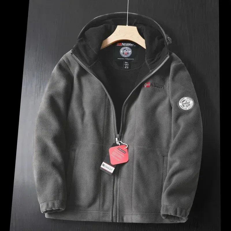 Color: GRAY, Size: L - Winter Wool Jacket Men's High-end Embroidered Thickened Fleece Windproof Jacket Outdoor Snow Cold-proof Men's Warm Hooded Coat
