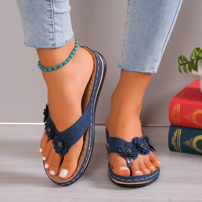 Color: Khaki, Shoe Size: 41 - Clip Toe Summer Shoes Women's Slippers Sweet Three Flowers Platform Sandals Soft Casual Ladies Flip Flops 2024 ?‘осоно?¶ки ?–?µнски?µ